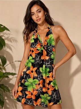 Halter Floral Sundress in Black with Orange & Lime Green Flowers
